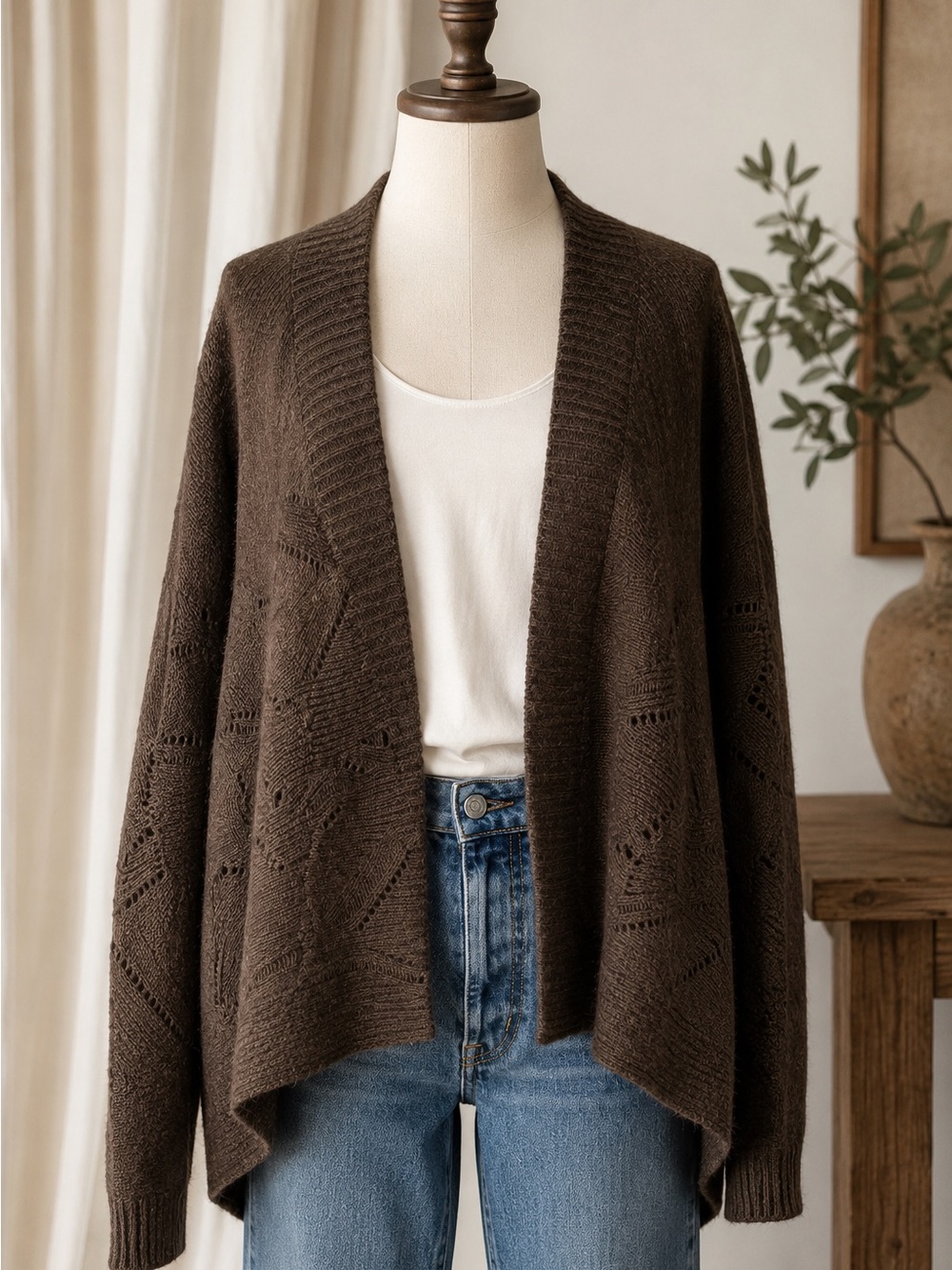 Vince Dark Brown Alpaca wool blend delicate Open-Front Knit Cardigan